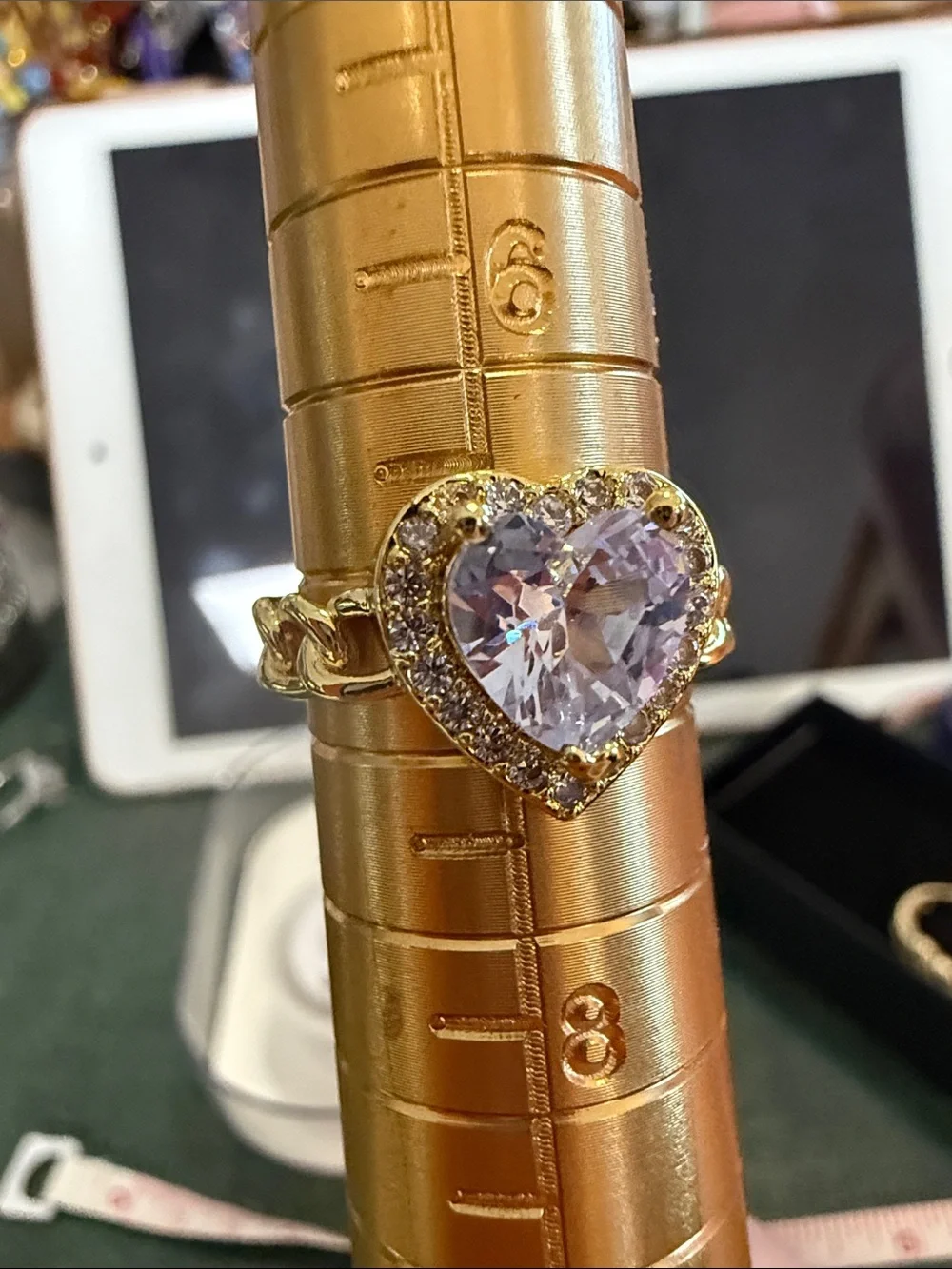 Gold Heart Halo Ring with Clear Gemstone - Women Jewelry